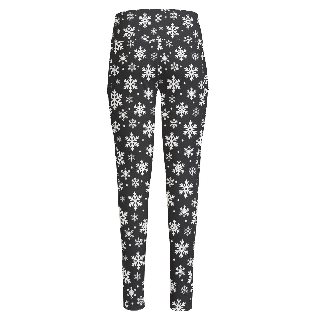 White And Grey Snowflake Pattern Print High-Waisted Pocket Leggings
