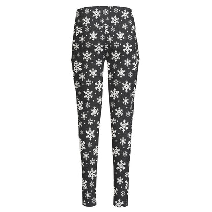 White And Grey Snowflake Pattern Print High-Waisted Pocket Leggings