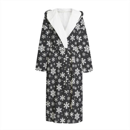 White And Grey Snowflake Pattern Print Hooded Bathrobe