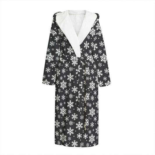 White And Grey Snowflake Pattern Print Hooded Bathrobe