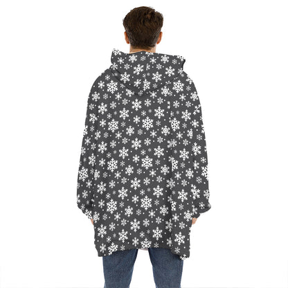 White And Grey Snowflake Pattern Print Hoodie Blanket