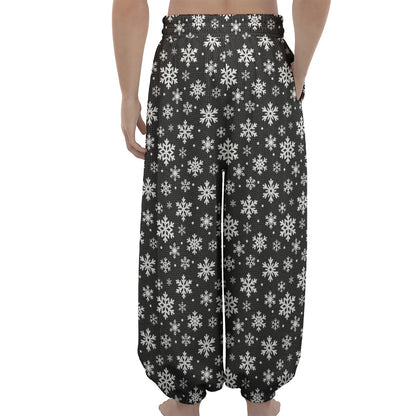 White And Grey Snowflake Pattern Print Lantern Pants