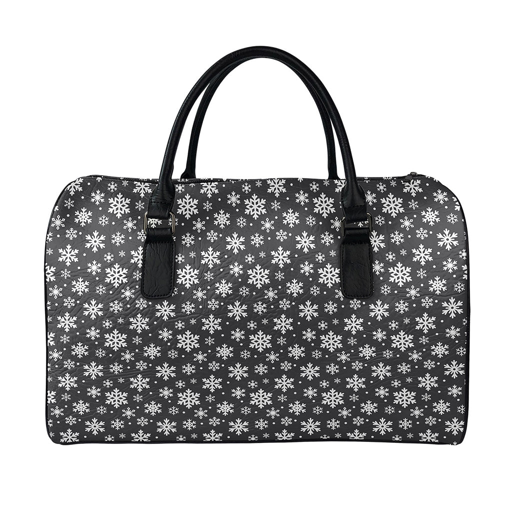 White And Grey Snowflake Pattern Print Leather Duffle Bag