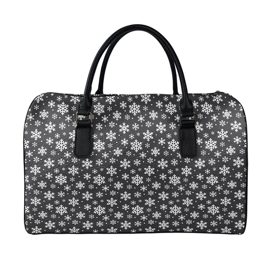 White And Grey Snowflake Pattern Print Leather Duffle Bag