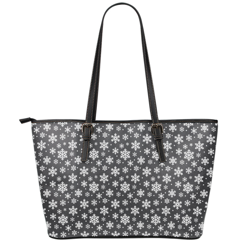 White And Grey Snowflake Pattern Print Leather Tote Bag