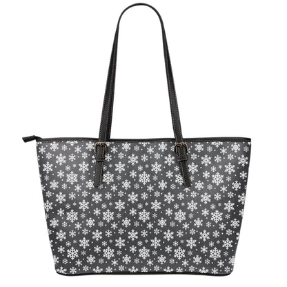 White And Grey Snowflake Pattern Print Leather Tote Bag