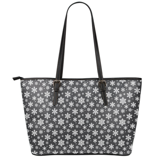 White And Grey Snowflake Pattern Print Leather Tote Bag