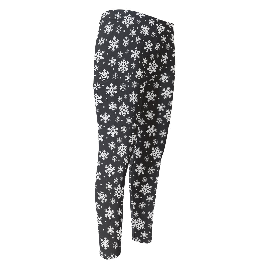 White And Grey Snowflake Pattern Print Men's Compression Pants