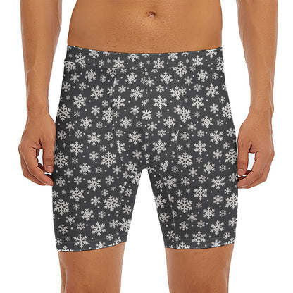 White And Grey Snowflake Pattern Print Men's Long Boxer Briefs