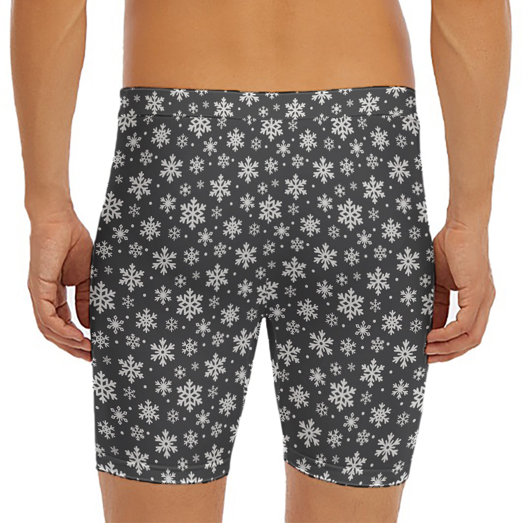 White And Grey Snowflake Pattern Print Men's Long Boxer Briefs