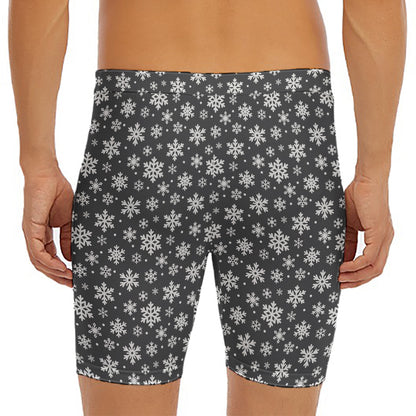 White And Grey Snowflake Pattern Print Men's Long Boxer Briefs