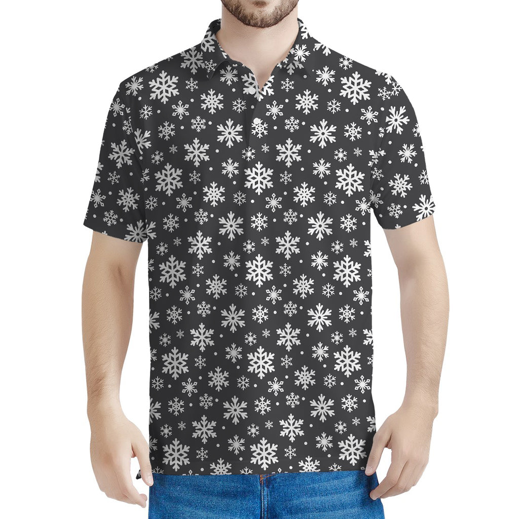 White And Grey Snowflake Pattern Print Men's Polo Shirt