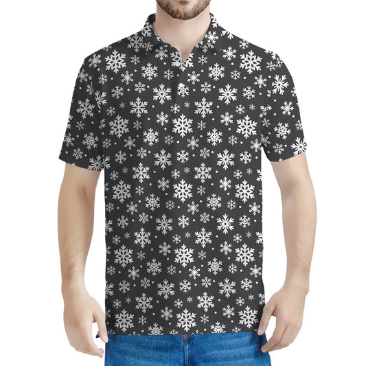White And Grey Snowflake Pattern Print Men's Polo Shirt