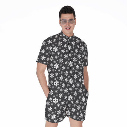 White And Grey Snowflake Pattern Print Men's Rompers
