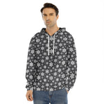 White And Grey Snowflake Pattern Print Men's Velvet Pullover Hoodie
