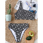 White And Grey Snowflake Pattern Print One Shoulder Bikini Top