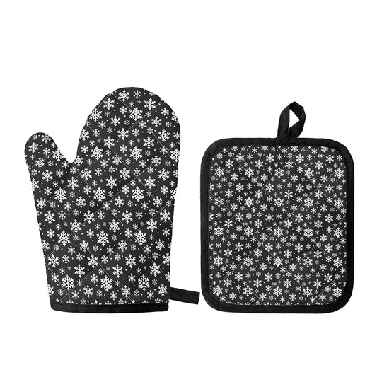 White And Grey Snowflake Pattern Print Oven Mitt And Pot Holder Set