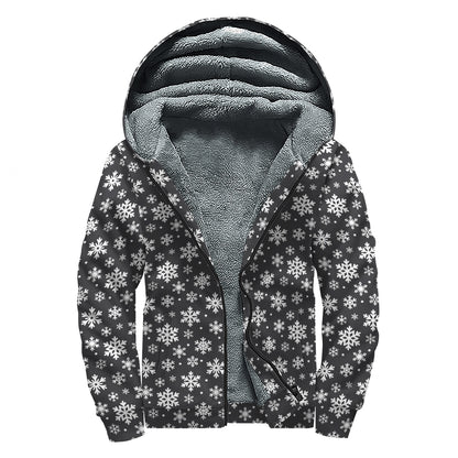 White And Grey Snowflake Pattern Print Sherpa Lined Zip Up Hoodie