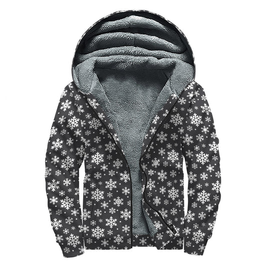 White And Grey Snowflake Pattern Print Sherpa Lined Zip Up Hoodie