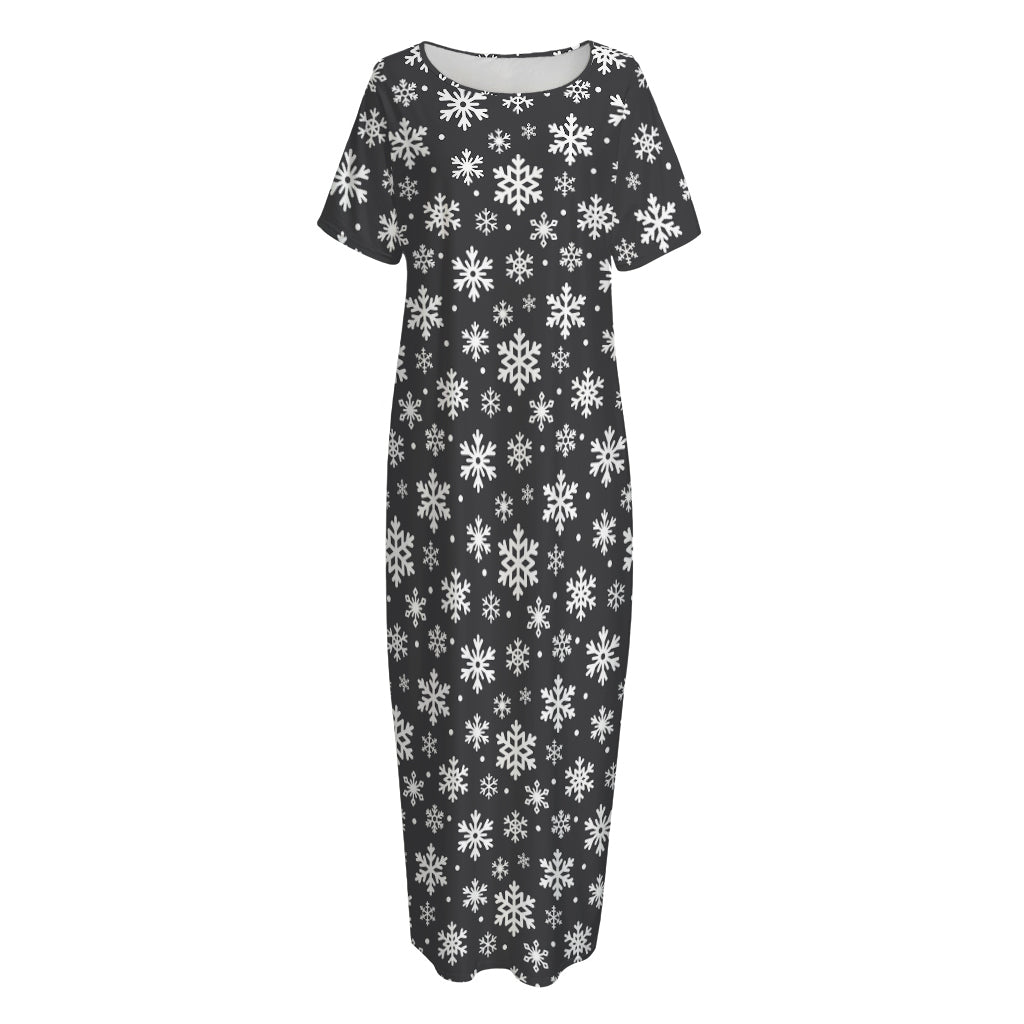 White And Grey Snowflake Pattern Print Short Sleeve Long Nightdress