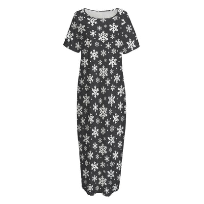 White And Grey Snowflake Pattern Print Short Sleeve Long Nightdress