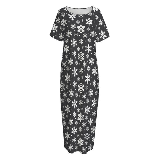White And Grey Snowflake Pattern Print Short Sleeve Long Nightdress