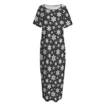 White And Grey Snowflake Pattern Print Short Sleeve Long Nightdress