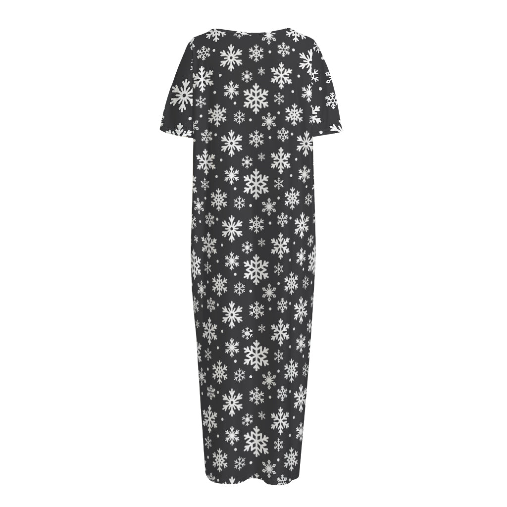 White And Grey Snowflake Pattern Print Short Sleeve Long Nightdress