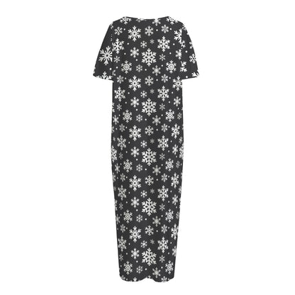 White And Grey Snowflake Pattern Print Short Sleeve Long Nightdress