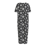 White And Grey Snowflake Pattern Print Short Sleeve Long Nightdress