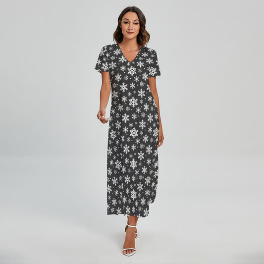 White And Grey Snowflake Pattern Print Short Sleeve Maxi Dress