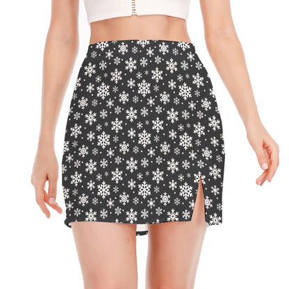 White And Grey Snowflake Pattern Print Side Slit Mini Skirt
