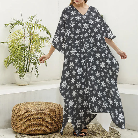 White And Grey Snowflake Pattern Print Silk V-Neck Kaftan Dress