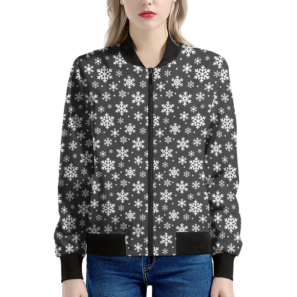 White And Grey Snowflake Pattern Print Women's Bomber Jacket