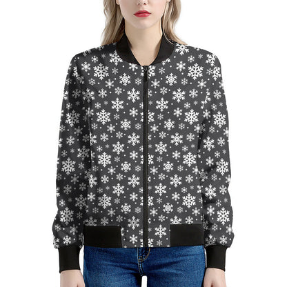 White And Grey Snowflake Pattern Print Women's Bomber Jacket