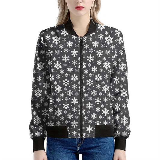 White And Grey Snowflake Pattern Print Women's Bomber Jacket