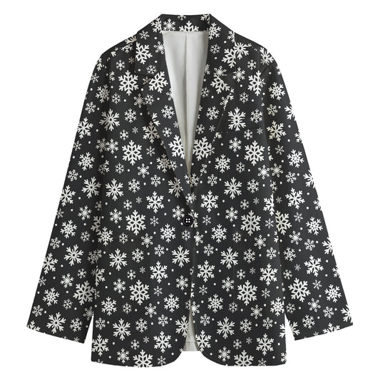 White And Grey Snowflake Pattern Print Women's Cotton Blazer