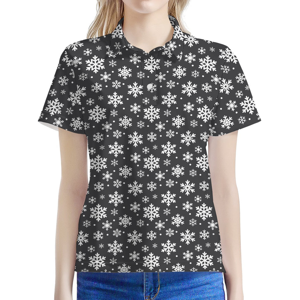 White And Grey Snowflake Pattern Print Women's Polo Shirt