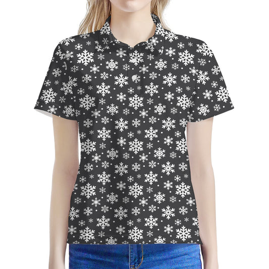 White And Grey Snowflake Pattern Print Women's Polo Shirt