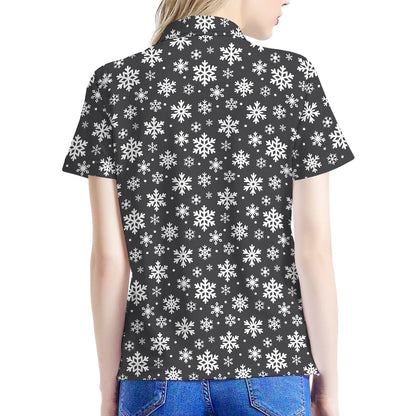 White And Grey Snowflake Pattern Print Women's Polo Shirt
