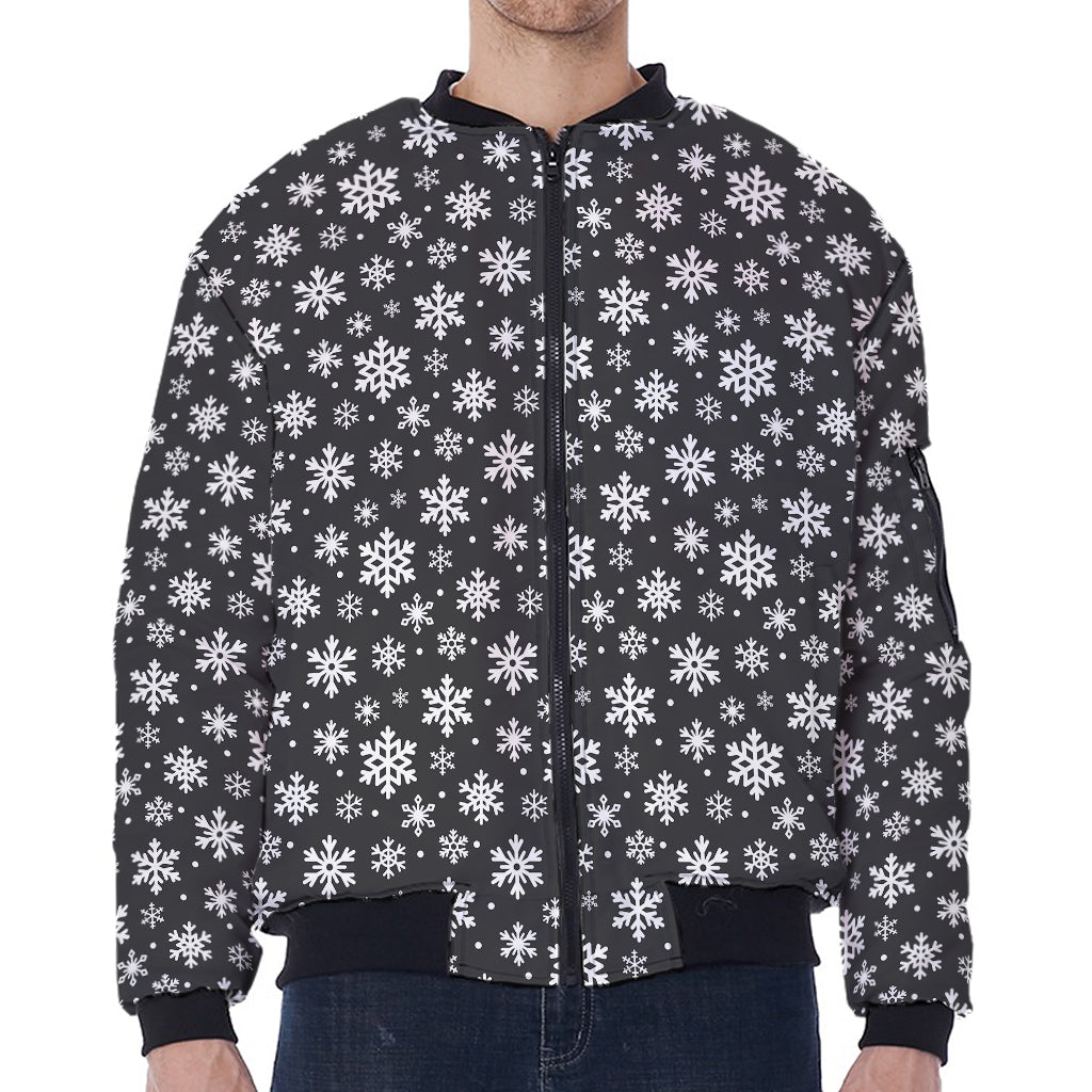 White And Grey Snowflake Pattern Print Zip Sleeve Bomber Jacket