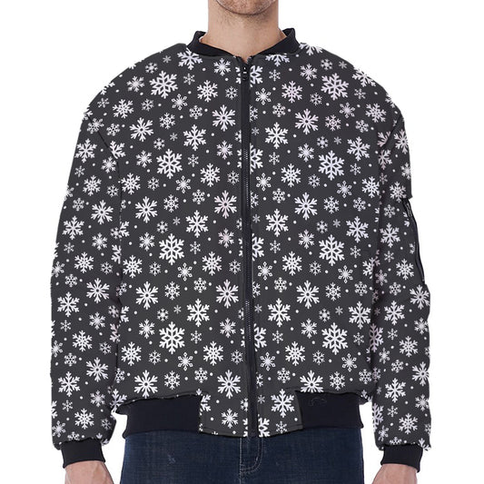 White And Grey Snowflake Pattern Print Zip Sleeve Bomber Jacket