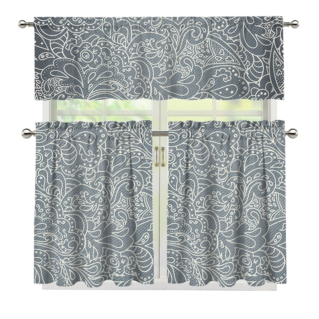 White And Grey Western Floral Print 3 Piece Kitchen Curtains