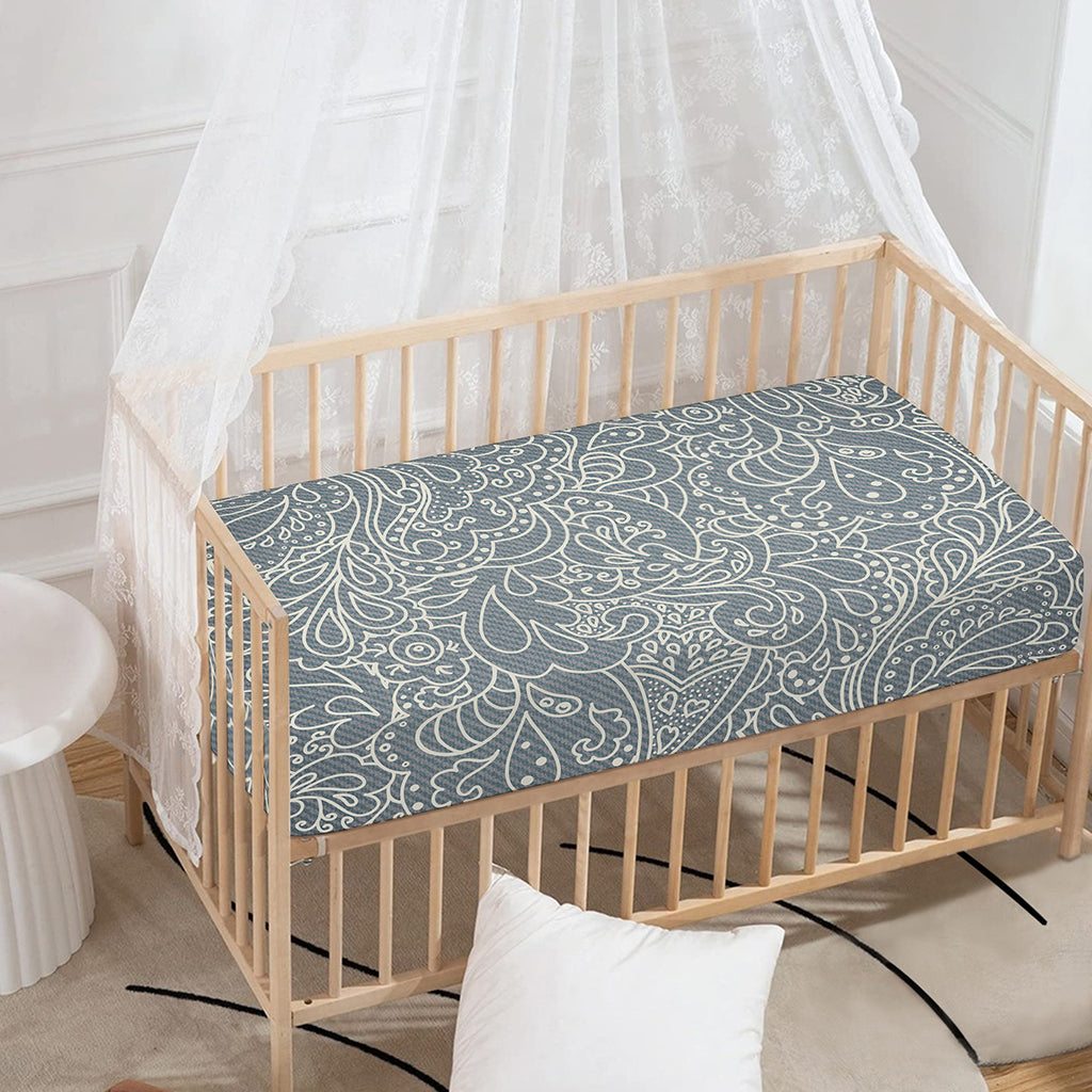 White And Grey Western Floral Print Baby Crib Sheet