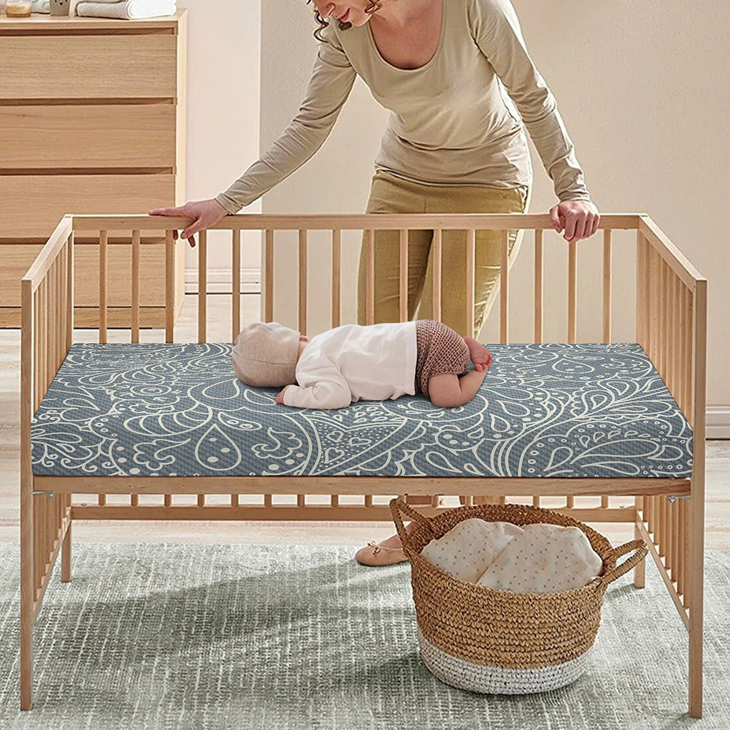 White And Grey Western Floral Print Baby Crib Sheet