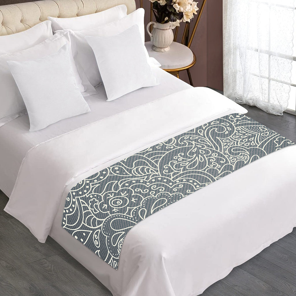 White And Grey Western Floral Print Bed Runner