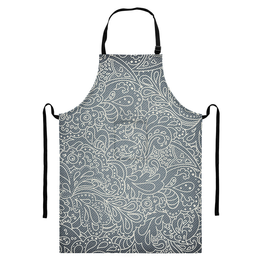 White And Grey Western Floral Print Bib Apron With Pocket