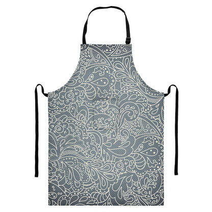 White And Grey Western Floral Print Bib Apron With Pocket