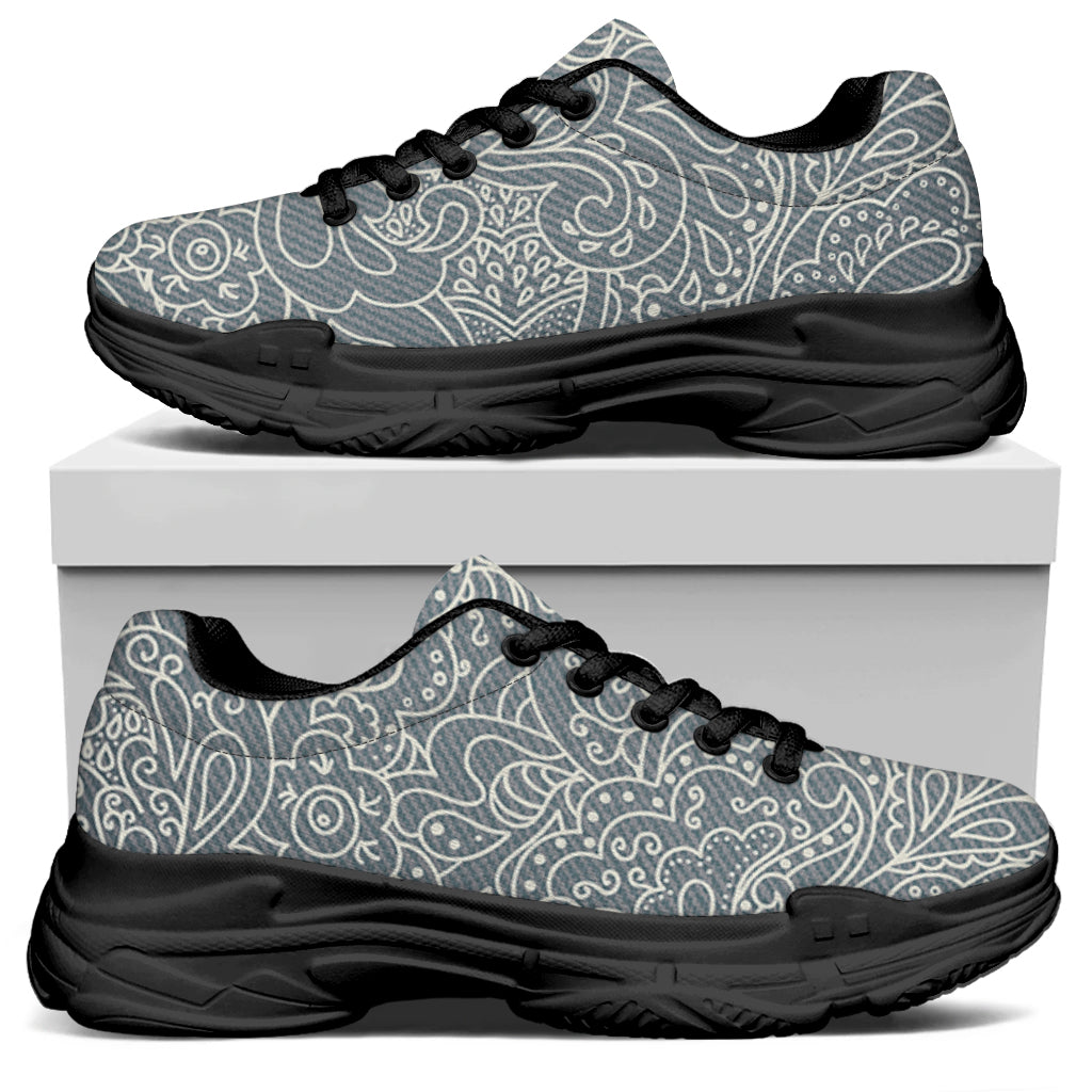 White And Grey Western Floral Print Black Chunky Shoes