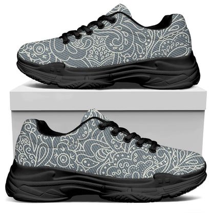 White And Grey Western Floral Print Black Chunky Shoes